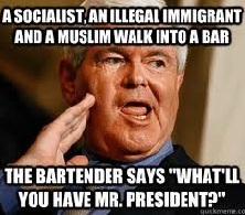 
A socialist, an illegal immigrant and a Muslim walk into a bar - the bartender says What'll you have Mr. President?