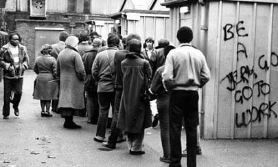 Signing on the dole in Brixton in 1981.