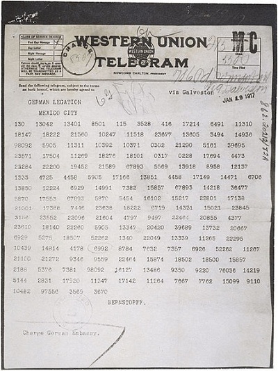 Zimmermann Telegram: a 1917 diplomatic proposal from the German Empire to Mexico to make war against the United States