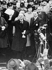 British Prime Minister Chamberlain landing at Heston aerodrome on 30 September 1938 after his meeting with Hitler at Munich