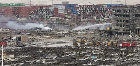 devastated landscape of the Chinese port city of Tianjin