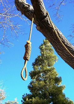 Get a rope!  Hangman's noose hanging from the tree at the 'ghost town' of Corlew's Silver City in remote Bodfish, CA - kernvalley035x