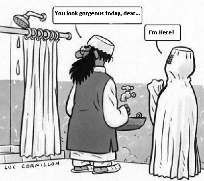 women in burqa and shower curtains