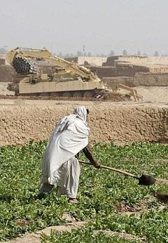 a farmer looks on as an armoured Trojan clears a path of explosive devices