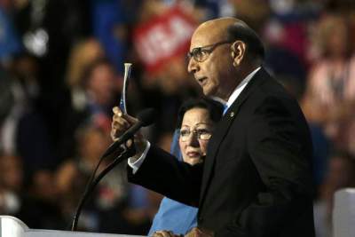 Khizr Khan, whose son, Captain Humayun Khan, was killed while serving in the U.S. Army in 2004, producing a copy of the U.S. Constitution at the Democratic National Convention in Philadelphia on July 28. Photo: Reuters