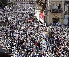 Indian Muslim protesters walk during a silent procession in Bhopal, India, Friday, Feb. 10, 2006. Thousands of Indian Muslims participated in the march to protest the publication of cartoons depicting the Prophet Muhammad in Danish newspapers. Prakash Hatvalne -- AP