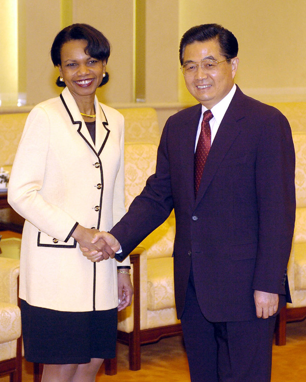 Secretary Rice and Chinese President Hu Jintao meet at Xinjiang Hall, the Great Hall of People. China was the sixth stop on Secretary Rice's trip to Asia. AP/Wide World Photo.