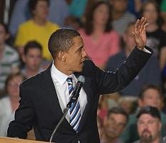 Senator Barack Obama conducted a town hall meeting at the Roosevelt Middle School gymnasium in Cedar Rapids, Iowa on July 30.