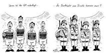 football cartoon printed in a German newspaper showing the Iranian national team standing in a World Cup stadium with bomb belts strapped to their jerseys