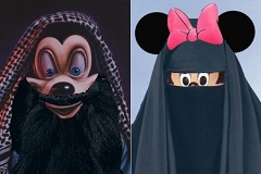 Mickey Mouse sporting a beard and Minnie Mouse wearing a face veil