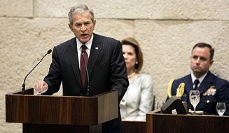 President George W. Bush speaking during a special session of the Israeli Parliament, in Jerusalem