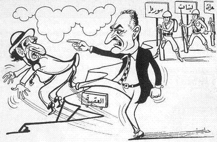 President Gamal Abdel Nasser of Egypt, backed by Arab states (Syria, Lebanon, Iraq l-r), kicking Israel into the Gulf of Aqaba. Pre-1967 Six-day war cartoon. Al-Jarida newspaper, Lebanon.