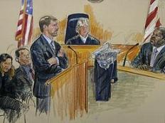 Soo Chung, left, and Jin Chung, represented by their lawyer Chris Manning, standing, who are being sued by D.C. judge Roy Pearson, right, June 13, 2007. (AP/Dana Verkouteren)