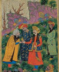 The Sultan (in red robe) is to the right, shaking the hand of the sheykh, with Ayaz (in green robe) standing behind him. The figure to his right is Shah Abbas I who reigned about 600 years later. Tehran Museum of Contemporary Art, Tehran